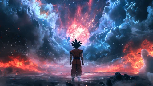 Backlit warrior facing turbulent bifurcated cosmic stormfield.