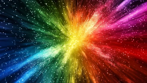 Radial multicolor light burst with fine particle streaks.