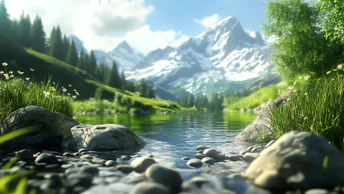 Sunlit alpine river below dramatic snow-capped mountains.