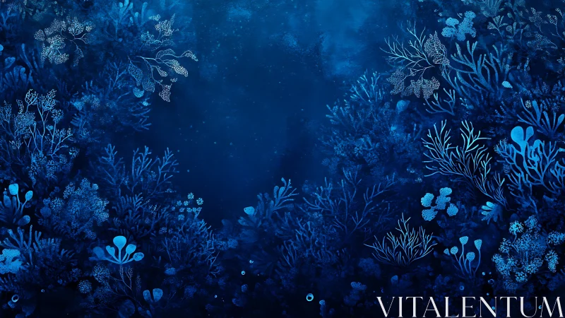 Digital blue-toned seabed scene shows stylized marine flora