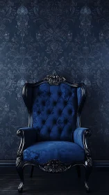 Baroque velvet armchair against tonal damask backdrop.
