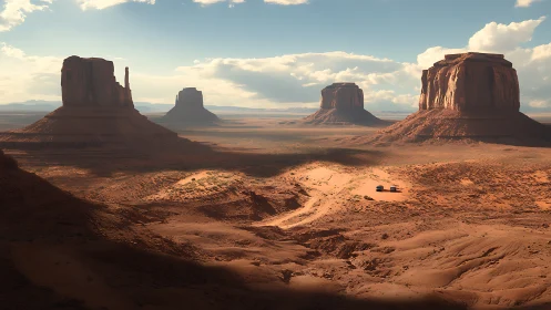 Desert buttes and open valley under bright afternoon sky.