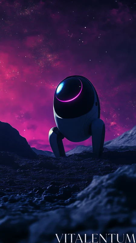 Egg shaped robot explores rocky alien terrain at night.