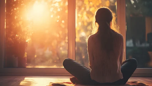 Woman Meditating by Window at Sunrise in Warm Tranquil Light.