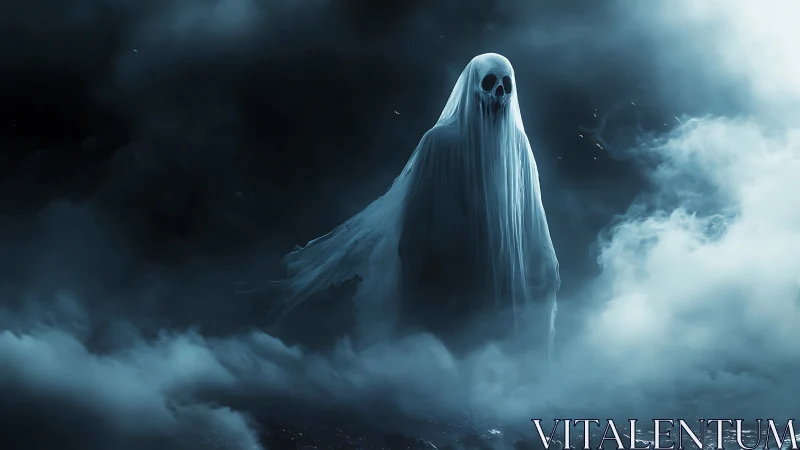 Ethereal ghostly figure emerging from dense blue fog.