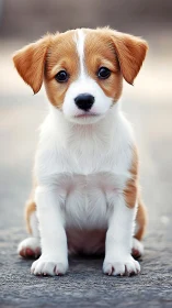 Brown and white puppy sits on pavement facing the camera