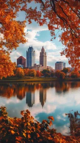 City skyline framed by autumn foliage over calm reflective lake
