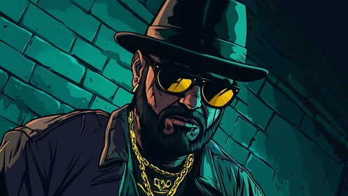 Noir-styled hip-hop figure under teal brick wall lighting.