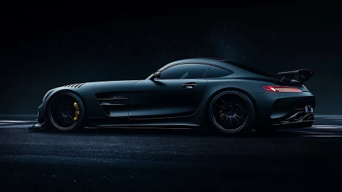 Low-angle side profile shows matte black sports coupe at night