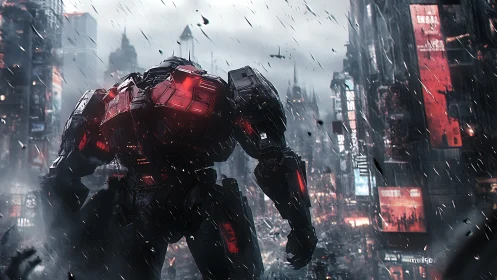 Towering combat mech strides through a stormy neon city