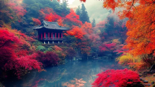 Traditional pavilion by forest lake amid dense autumn foliage.