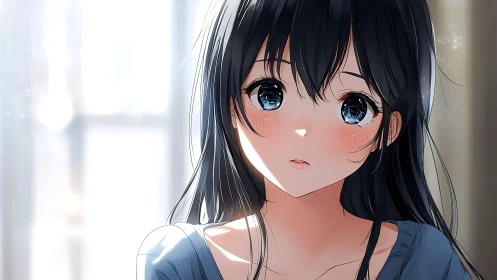 Blue-eyed anime girl in soft morning window light gazes quietly.
