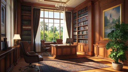 Morning light turns a classic wood-paneled office into poetry