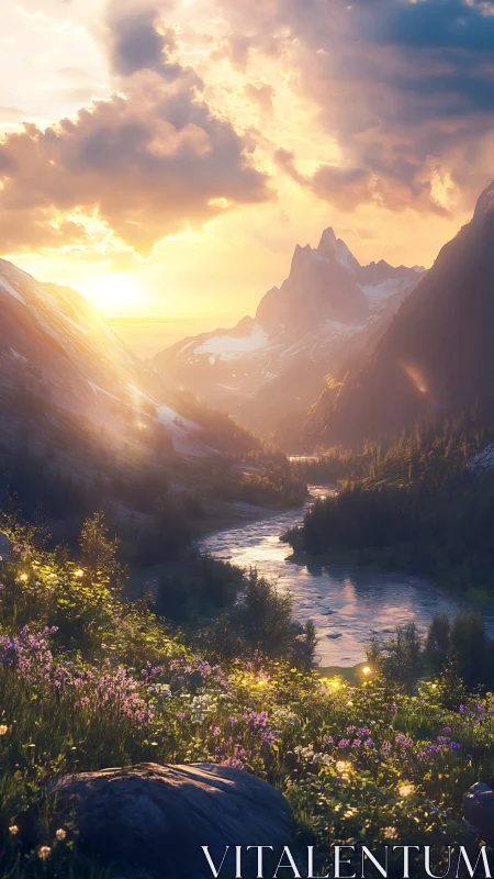 Mountain river valley at sunset with wildflower foreground.