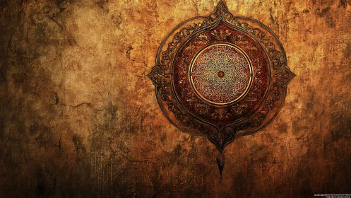 Ornate circular mandala glows on aged golden texture wall.