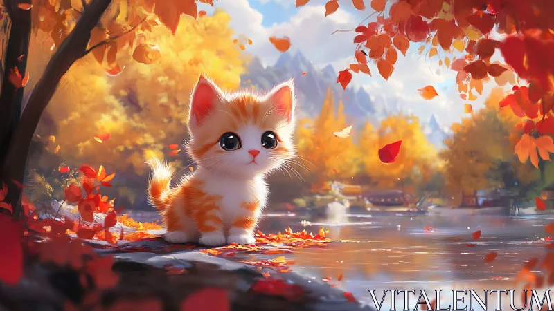 Luminous Autumn Kitten in Ethereal Landscape with Cascading Foliage