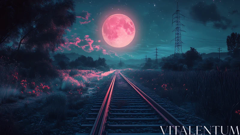Neon moonrise over dreamlit railway into the electric dusk.