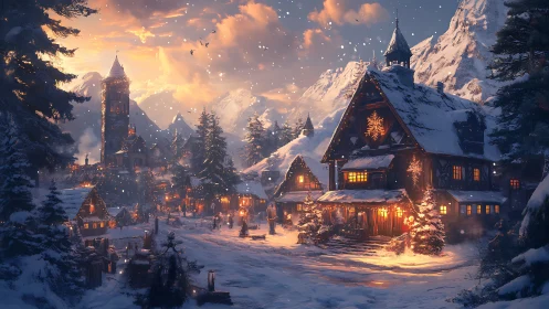 Snowlit alpine village with warm lantern glow at dusk.