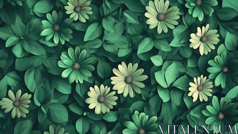 Green daisies with pale petals creating layered floral composition