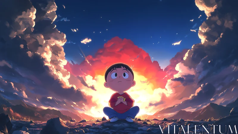 Small stargazer boy cradles dusk beneath erupting clouds.