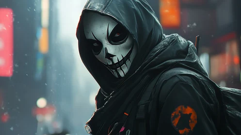 Hooded skull-masked figure moves through neon city haze