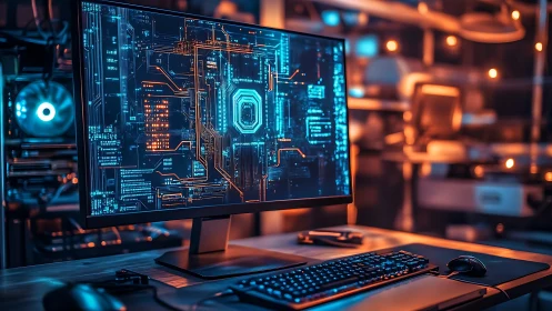 Desktop computer with circuit interface display in lab setting.