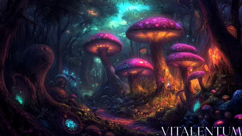 Luminescent bioluminescent mushroom forest under twilight canopy