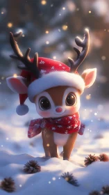 Cartoon reindeer in snow wearing red hat and scarf.