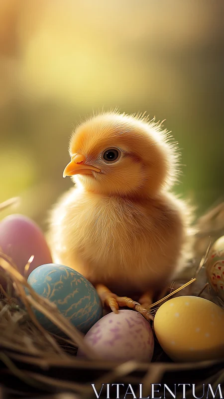 Fluffy baby chick nestled among colorful spring eggs.
