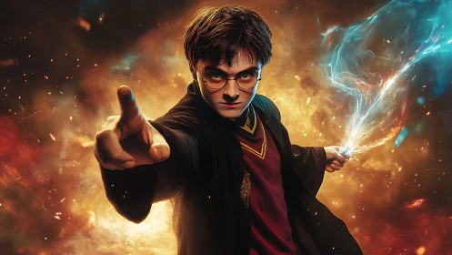 Dynamic wizard duel portrait in cinematic digital painting.