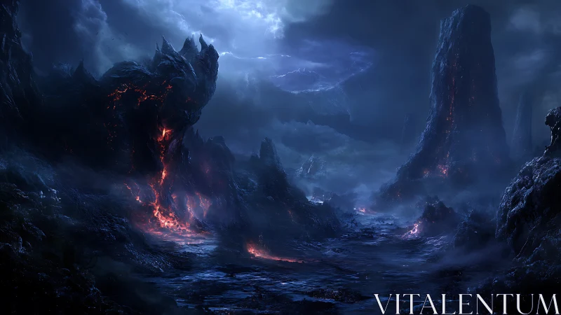 Digital painting of infernal basalt landscape with lava fissures.