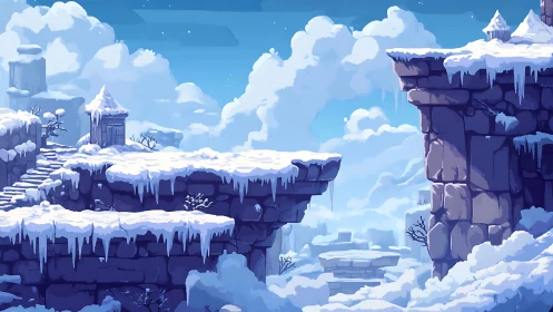 Snowy cliffside platform in stylized winter mountains.