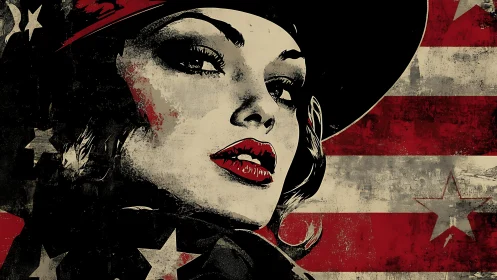 Bold retro portrait against worn red and white stripes.