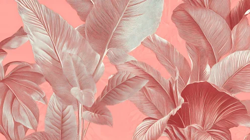 Soft coral jungle of etched tropical leaves in gentle bloom.