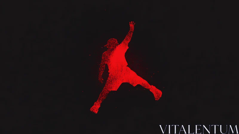 Silhouette of leaping figure rendered in red particles.