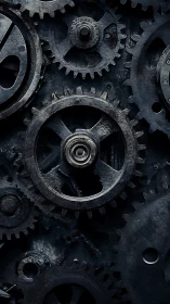 Interlocked steel spur gears under low-key industrial lighting.