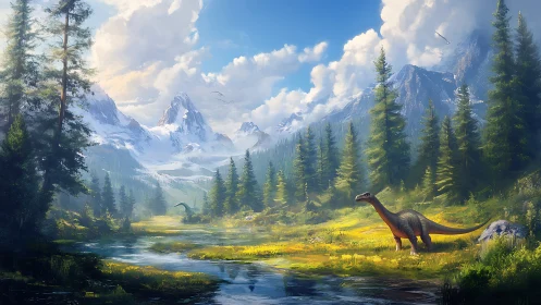 Sauropod dinosaur stands in bright alpine valley with stream