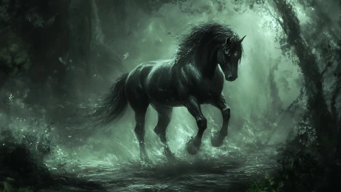 Mythic black stallion in luminous misted forest scene.