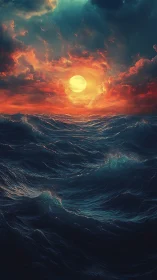 Sun disk over turbulent ocean under dense clouds.