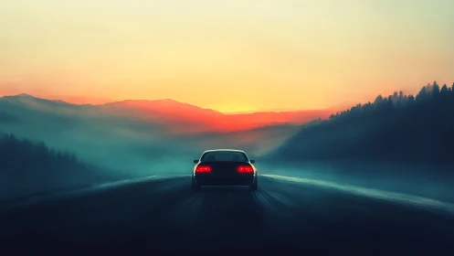 Solitary car traverses misty highway under saturated sunrise