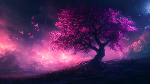 Luminous pink tree glows over twilight hillside under stars