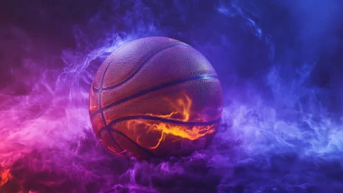 Blazing court spirit: neon-smoked basketball ignites night.