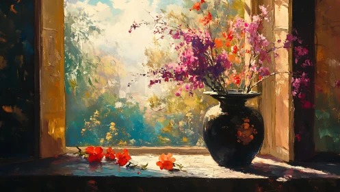 Still life bouquet on sunlit window ledge in warm light.