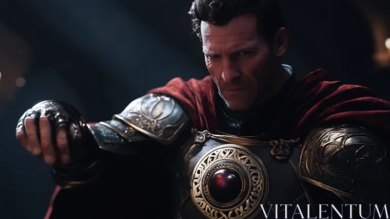 Medieval armored figure in ornate red cloak in dim interior.