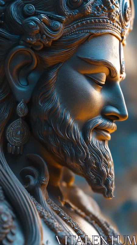 Serene regal deity profile in warm cyan rim lighting.