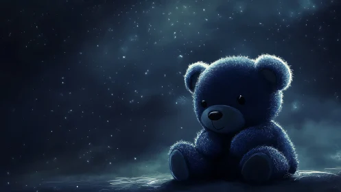 Lonely blue teddy bear sits under a softly glowing night sky