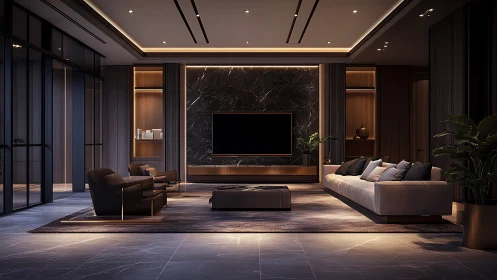 Midnight lounge geometry frames a quietly glowing cinema