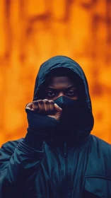 Hooded figure raises defiant fist against blazing orange wall.