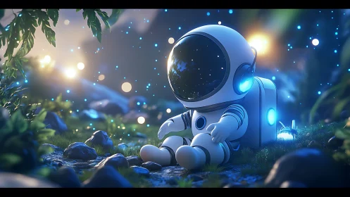 Bioluminescent forest study with resting chibi astronaut bot.