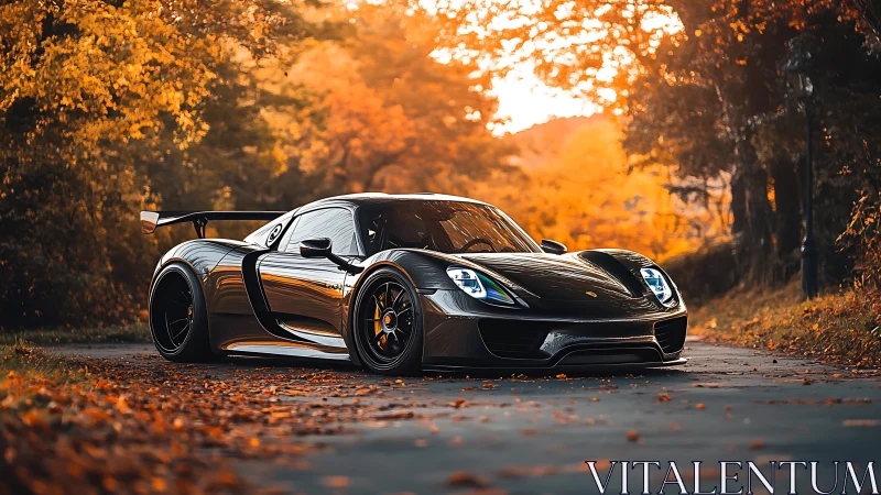Black supercar cuts through golden autumn forest road.